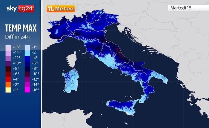 Differenze di temperatura massima tra Lunedì 17 e Martedì 18 Novembre