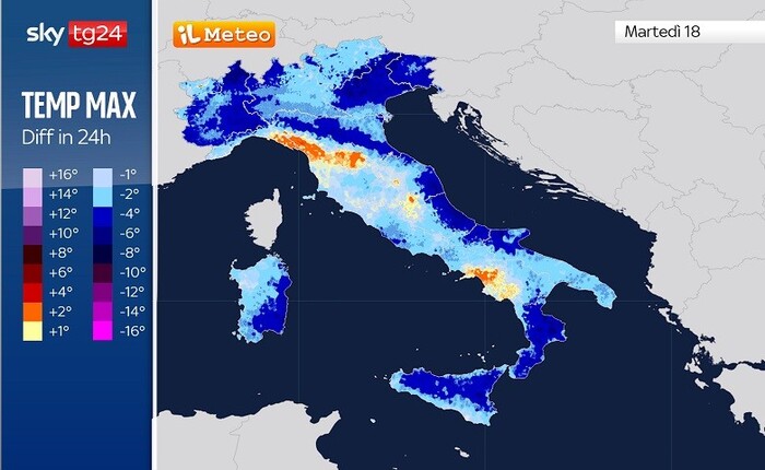 Differenze di temperatura massima tra Lunedì 17 e Martedì 18 Novembre