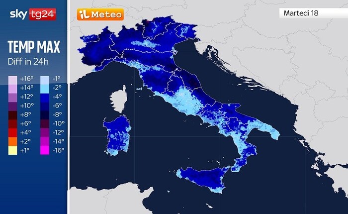 Differenze di temperatura massima tra Lunedì 17 e Martedì 18 Novembre