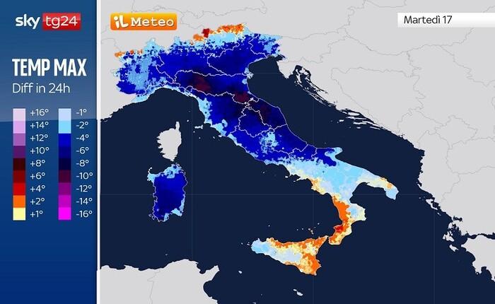 Differenze di temperatura tra Lunedì 16 e Marted' 17 Giugno