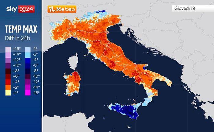 Differenze di temperatura massima tra Mercoledì 18 e Giovedì 19
