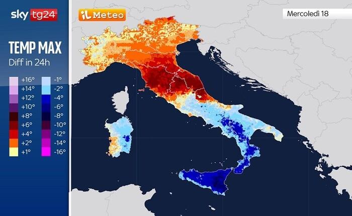 Differenze di temperatura massima tra Martedì 17 e Mercoledì 18
