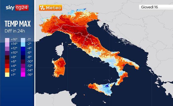 Differenze termiche tra Giovedì 16 e Mercoledì 15 Aprile: fino a +6/8°C (rosso scuro)