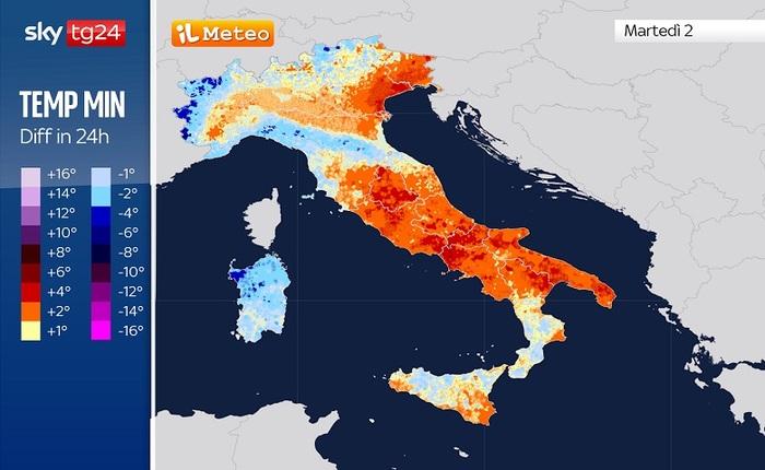 Differenze di temperatura minima tra Lunedì 1 e Martedì 2 Dicembre