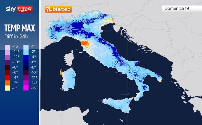 Differenze di temperatura previste tra Sabato 18 e Domenica 19 Luglio