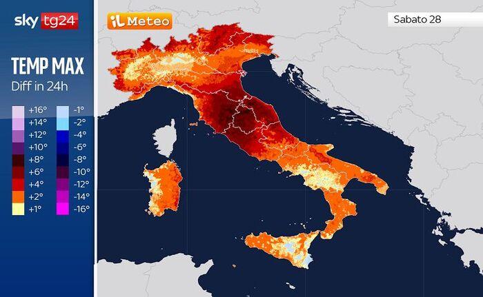 Le differenze di temperatura massima tra Venerdì 27 e Sabato 28 Marzo: fino a +10°C