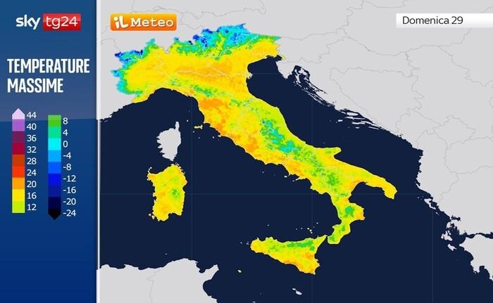 Temperature massime previste per Domenica 29 Marzo