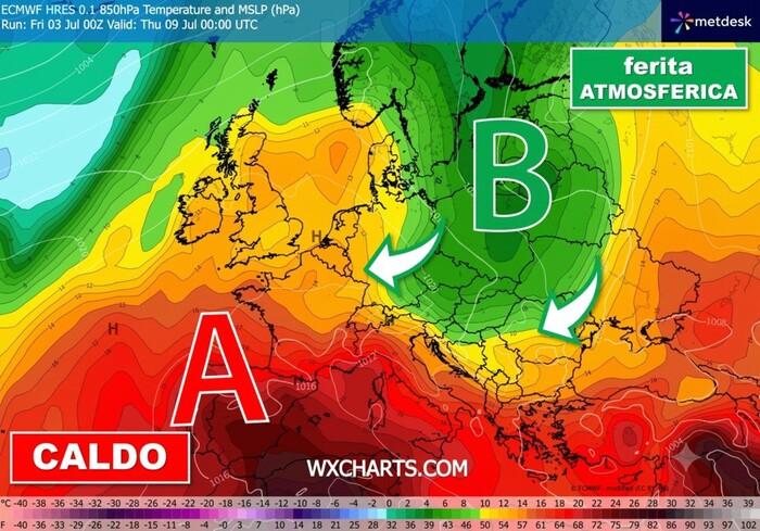Caldo sul bacino del Mediterraneo occidentale, ferita atmosferica sull'Europa orientale