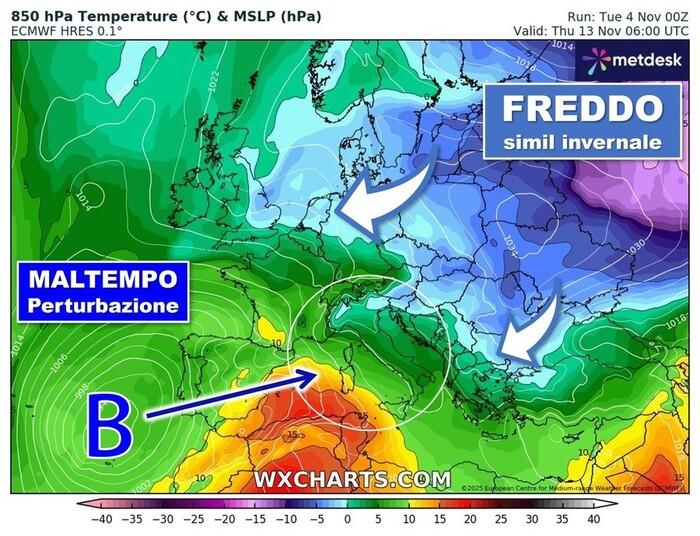 Ondata di freddo (in azzurro/blu) verso l'Italia; poi ciclone atlantico (indicato con la B)