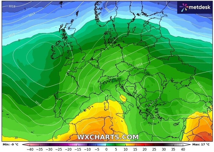 Ecco il freddo (colore blu) che cerca di spingersi verso Sud intorno a metà mese