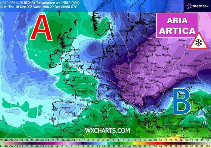 Correnti gelide di origine Artica in discesa dalla Russia verso l'Italia