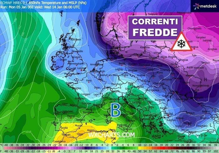 Correnti gelide di origine Artica in discesa dal Nord Europa verso l'Italia