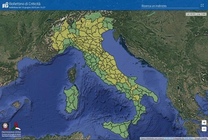 Le aree in allertamento lunedì 16