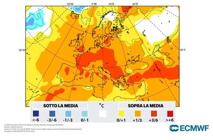 Temperature sopra la media a Giugno fino a +3°C (fonte : ECMWF)