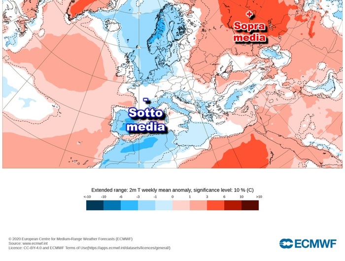 Temperature sotto media (colore azzurrino/blu) previste per Giugno (fonte: ECMWF)