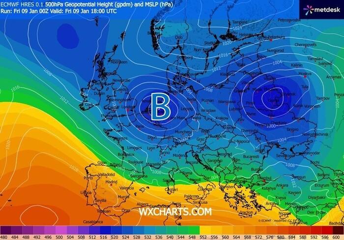 La tempesta Goretti sul centro Europa indicata con la lettera B