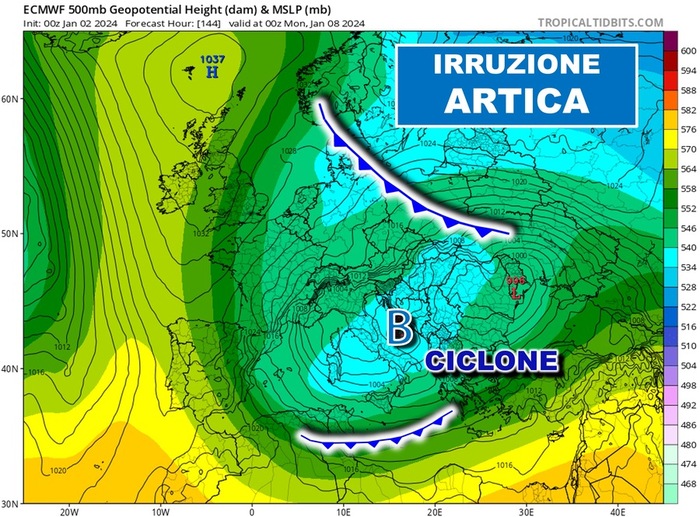 Massas de ar frio movem-se em direção à Itália depois de Befana (em azul);  Então uma tempestade de neve é ​​possível