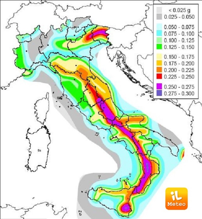 Mappa del rischio sismico in Italia. In viola le zone maggiormente a rischio