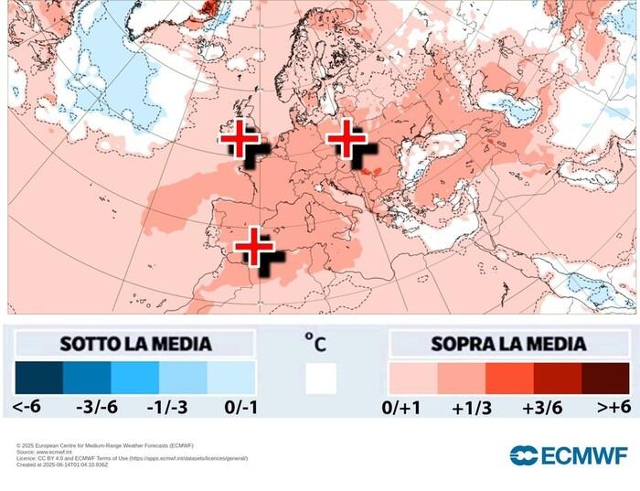 Luglio: anomalie termiche fino a +3°C (fonte: ECMWF)