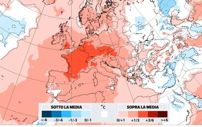 Luglio anomalia di temperatura: previsti fino a 3/6°C sopra la media (fonte: ECMWF)