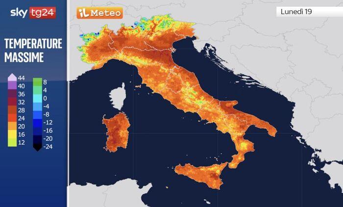 Temperature massime previste per Lunedi 19 Maggio