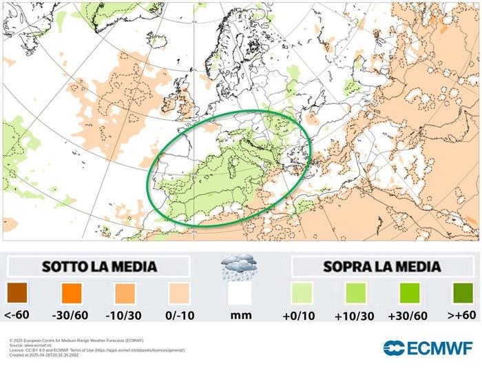 Precipitazioni sopra la media nella prima metà di Maggio (colore verde)