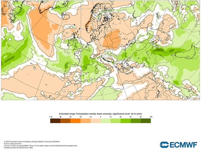 Precipitazioni sopra la media (colore verde) nelle prossime settimane al Nord Ovest e lato Tirrenico