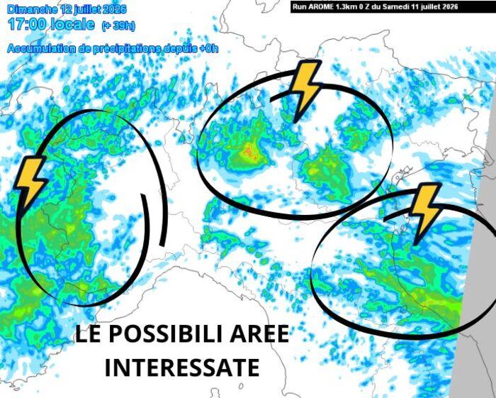 Mappa precipitazioni pomeriggio-sera sabato 11 e notte domenica 12 |Fonte: Arome, meteociel.fr