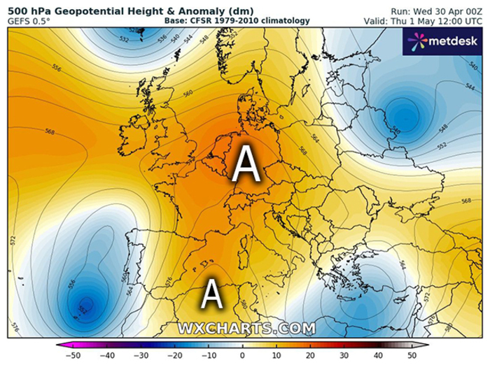 Anomalia barica prevista per Giovedì 1 Maggio