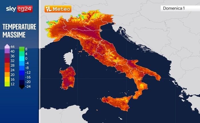 Temperature massime previste per Domenica 1 Giugno