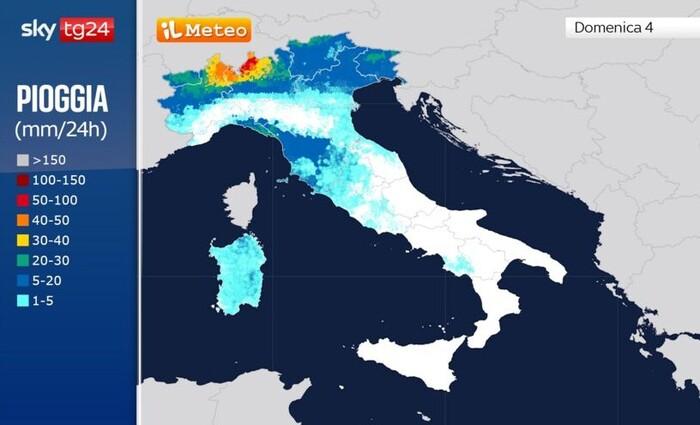 Accumuli pluviometrici previsti per la giornata di Domenica 4 Maggio 2025