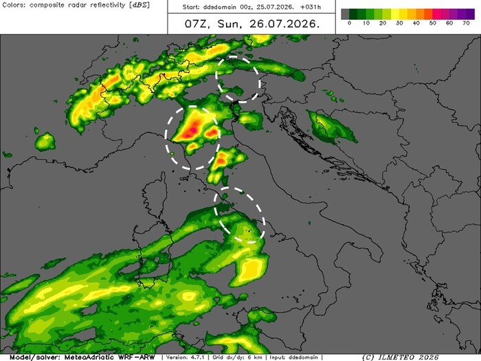 Le zone a rischio supercelle temporalesche nel corso di Domenica 26 Luglio