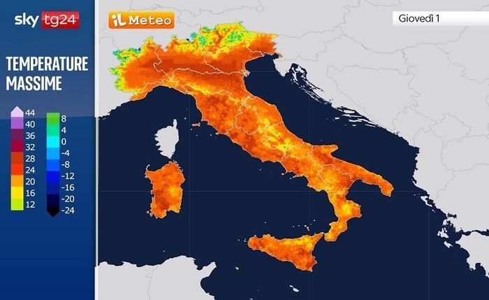 Le temperature massime previste per Giovedì 1 Maggio