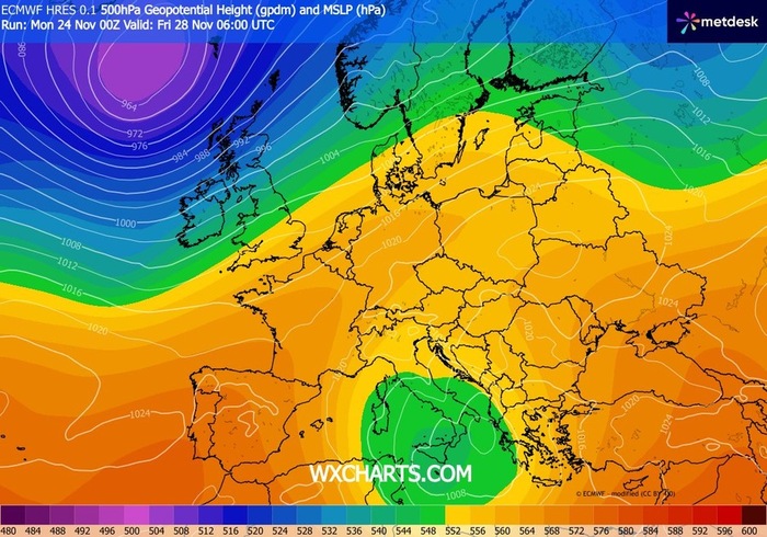Situazione barica prevista dopo metà settimana