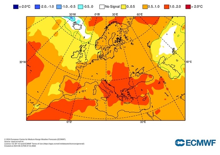 Anomalie di temperatura prevista per Settembre, Ottobre e Novembre (fonte: ECMWF)