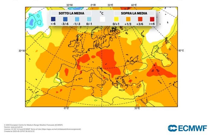 Temperature sopra la media a Luglio e Agosto, fino a +1/2°C (fonte: ECMWF)