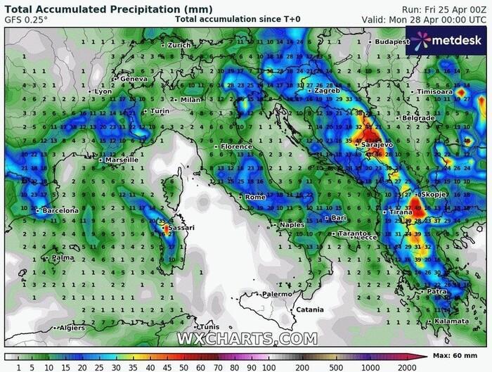 Gli accumuli di pioggia previsti per Domenica 27 Aprile