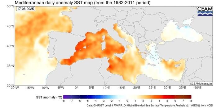 Anomalie di temperature sul Mar Mediterraneo