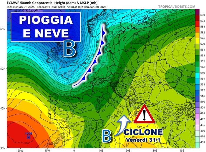Maltempo con pioggia e neve sull'Italia a fine Gennaio 