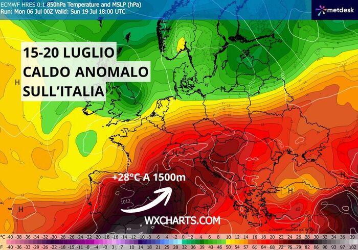 Metà Luglio, anomalia di temperatura: previsti fino a +28°C a 1500 metri (WXcharts - ECMWF model)