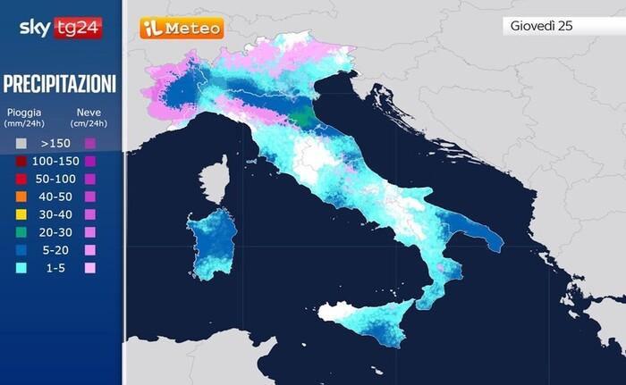 Piogge e nevicate previste per la giornata di Natale