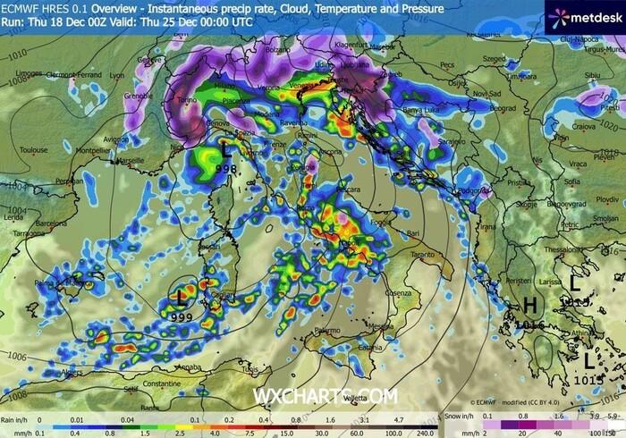Piogge e nevicate previste per il giorno di Natale