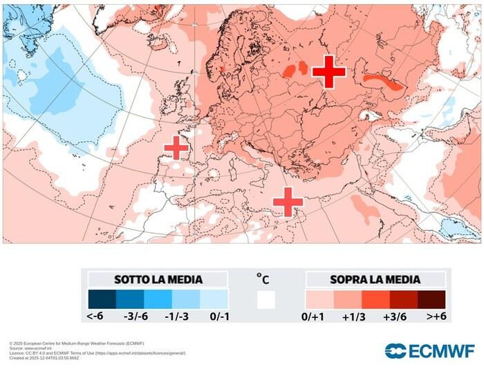 Temperature sopra la media climatica nella seconda parte di Dicembre: fino a +3°C (fonte : ECMWF)