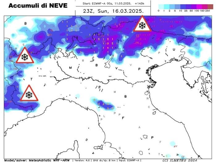 Accumuli totali di neve previste sulle Alpi entro il prossimo weekend