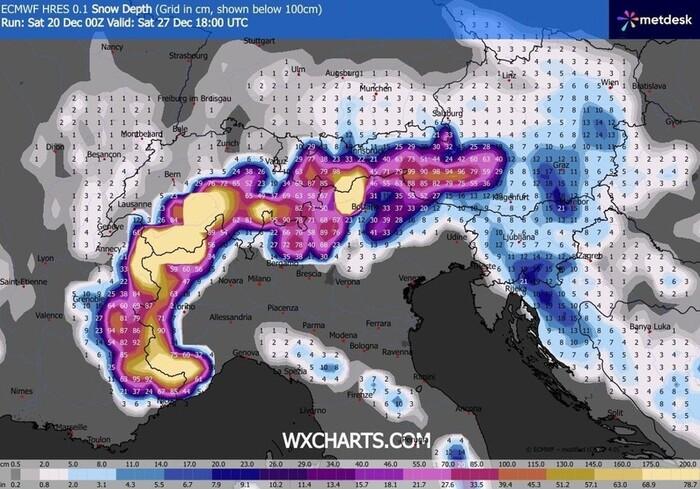 Cumulate di neve prevista entro la prossima settimana