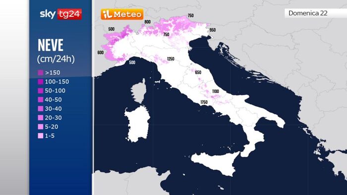 La quota neve prevista al Nord nella giornata di domenica 22