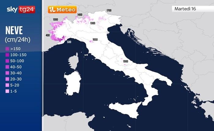 Nevicate previste e quote a cui scenderanno i fiocchi nel corso di Martedì 16 Dicembre