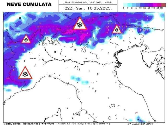 Accumuli totali di neve previste sulle Alpi entro il prossimo weekend