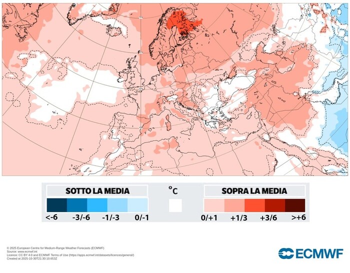 Temperature sopra la media in avvio di Novmembre fino a +3°C (fonte : ECMWF)