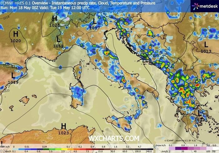 Piogge e temporali previsti per Martedì 19 Maggio